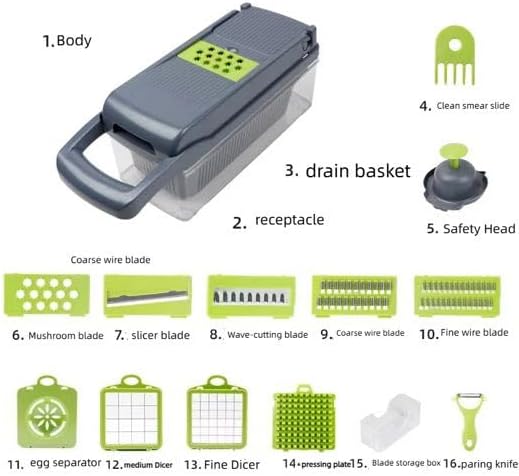 16 IN 1 VEGETABLE CHOPPER AND SLICER WITH CONTAINER -MULTI- FUNCTIONAL MANDOLINE CUTTER FOR ONIONS, FRUITS &CHEESE - KITCHEN GADGETS WITH INTERCHANGEABLE BLADES &PEELER.