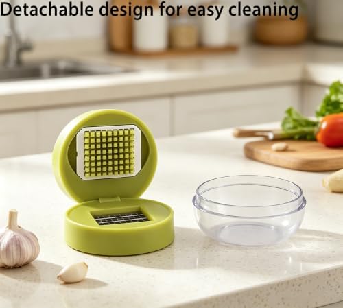 Mini Manual Garlic Twister and Crusher, Handheld Mini Garlic Chopper and Press with Container, Garlic Chopper Dicer Slicer with Stainless Steel Blades，2