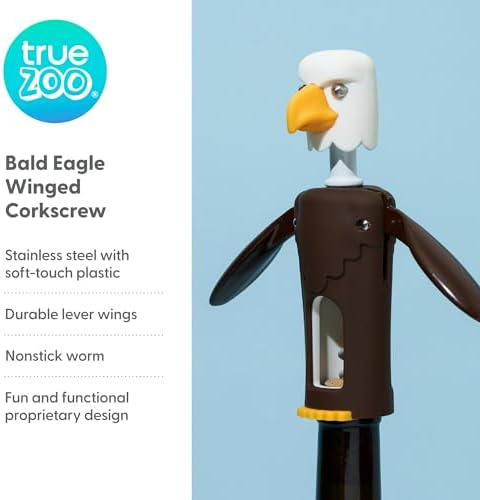 True Zoo Bald Eagle Corkscrew Wine Opener, Winged Design with Easy Grip Soft Touch Wings, Stainless Steel and Plastic with Sharp Screw for Wine Bottles, Home Bar, Kitchen, Novelty Gifts