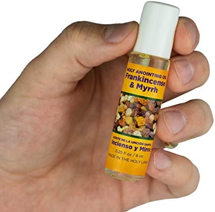 Frankincense & Myrrh Anointing Oil from Israel Boxed Gift Set with Dispenser, Holy Jerusalem Oil & Gold Metal Keychain Bottle Container, Plastic Dropper & Small Glass Vial, Aceite Ungido y Botella