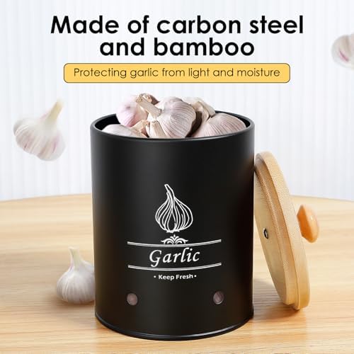 Garlic Keeper, Versatile Garlic Holder, Garlic Jar with Wood Lid, Ventilated Garlic Storage Container, Large Capacity Garlic Container for Kitchens (Style 1)