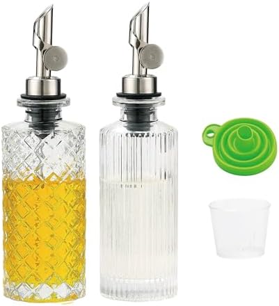 Glass Olive Oil Dispenser Bottle Small, 6.5 Oz/ 200 ml Coffee Simple Syrup Bottles with Silver Metal Pour Spout, Funnel, Measuring Cup, Oil and Vinegar Bottle for Kitchen (2 Pack)