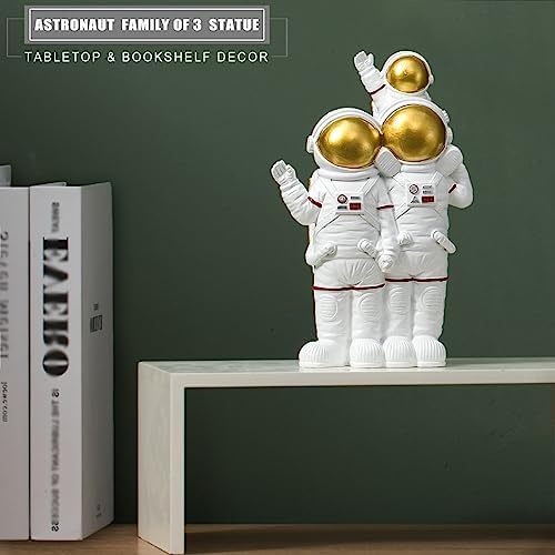 Astronaut Family of 3 Figurines Statues, White/Gold Parents and Child Resin Spaceman Sculpture Space Lovers Gifts for Space Themed Bedroom Bookshelf Desktop Home Office Decor