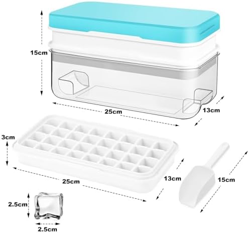 Ice Cube Tray with Lid and Bin, ZZWILLB 64 pcs Ice Trays for Freeze with 2 Trays, Ice Cube Pop Out Tray for Freezer, Ice Cube Molds, BPA Free, Easy Release Stackble Spill-Resistant (Blue)