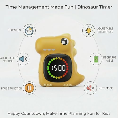Orange Dino Visual Timer for Kids, Toddler Countdown Timer Clock