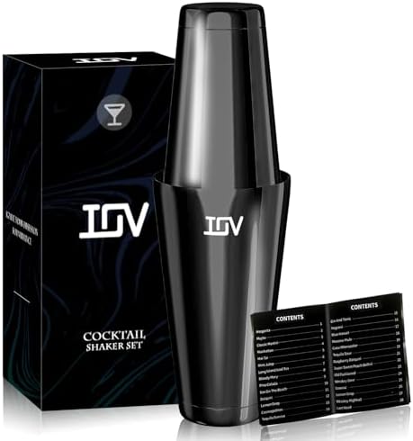 IOV Boston Cocktail Shaker Set, 18oz & 28oz Stainless Steel Weighted Shaker Tins, Metal Martini Drink Mixer for Bartending, Professional Bar Tools with Cocktail Recipe Guide, Black