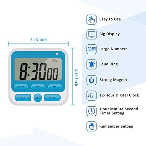24-Hours Digital Kitchen Timer, Upgraded 12-Hour Display Clock, Big Digits, Loud Alarm, Magnetic Backing Stand, Count-Up & Count Down, Kids Timers for Cooking Baking Classroom Teachers Games(4 Pack)