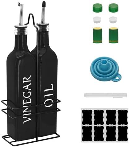 Farmhouse Oil and Vinegar Dispenser Set, 17 oz, beautiful olive oil dispenser, includes a black steel rack and a funnel, vintage cruets for vinegar and oil (Black)