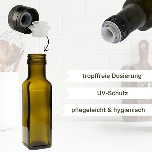 mikken 4 x Oil Bottles 100 ml with Spout Green/Brown Glass Bottles Oil Dispenser with Labels