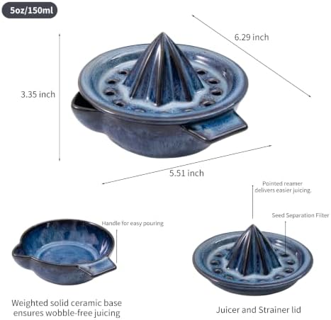 Lemon Orange Grapefruit Juicer Manual Squeezer Ceramic Hand Juicer Reamer Rotation Press with Strainer＆ 5oz Bowl, Pour Spout, Handle, Dishwasher Safe,Ocean Blue