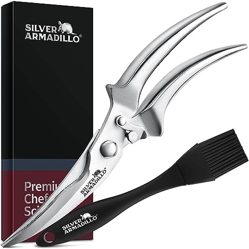 Heavy Duty Poultry Shears - Professional Stainless Steel Kitchen Scissors for Bone, Chicken, Meat, Fish & Vegetables - Spring Loaded (Stainless Steel handles)