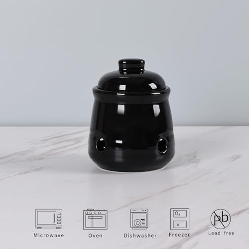 Ceramic Garlic Keeper with Lid, Mini Garlic Saver Container for Countertop, Kitchen Decor (Black)