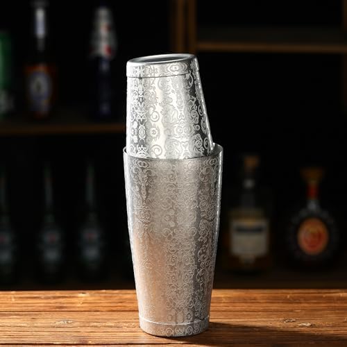Stainless Steel Boston Shaker with Etched Pattern Weighted Shaking Tin Set (Spirit Vintage)