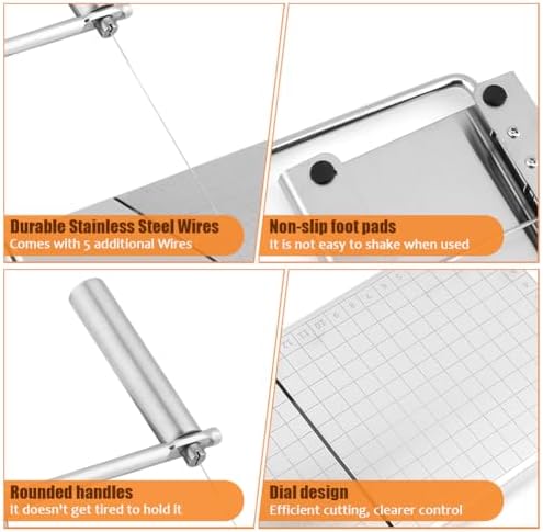 Stainless Steel Cheese Slicer Cutter with Wire - Adjustable Board & 6 Replacement Wires, Perfect for Cheese, Butter, Veggies & Sausage (Silver)