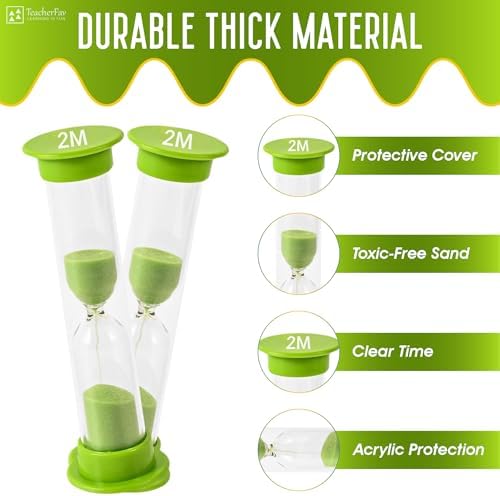 Sand Timer for Kids - 2 Minute Set of 4 Hour Glass - Green Color- Acrylic Covered for Classroom, Home & Kids Room