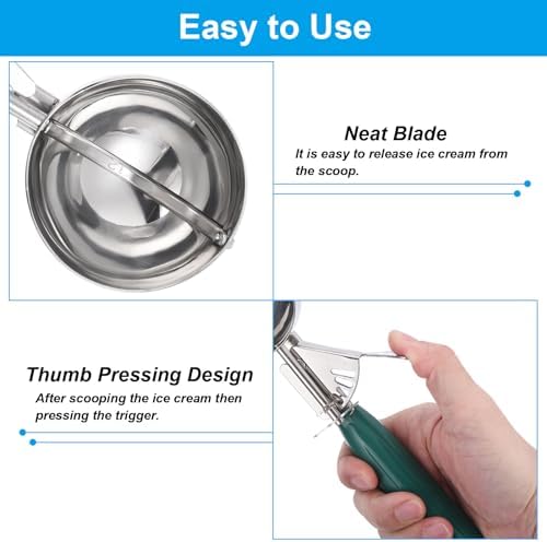 PATIKIL 2.6 Ounce Ice Cream Scoop with Trigger, Stainless Steel Portion Cookie Scoop with Thumb Trigger for Cookie Dough Cupcake Batter Baking, Green 79ML