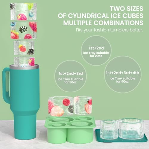 Ice Mold for Stanley 40 oz 30 oz 20 oz Tumbler Cup, 4-Tier Hollow Cylinder Ice Mold with Lid, Easy Release Ice Maker Compatible with Yeti, Owala, Hydro Flask & Insulated Cups(Green)