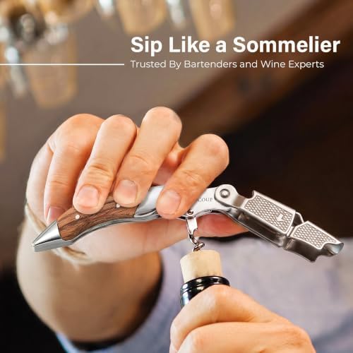 Hicoup Wine Opener - Professional Corkscrews for Wine Bottles w/Foil Cutter and Cap Remover - Manual Wine Key for Servers, Waiters, Bartenders and Home Use - Rosewood & Steel