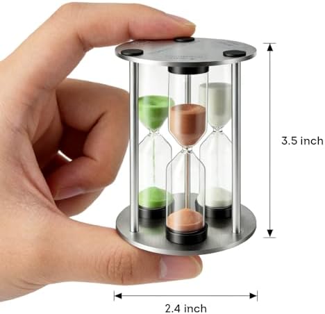 Lily's Home 3.5" Tall 3-in-1 Perfect Tea Timer, Includes 3, 4, and 5 Minute Sand Hourglass Timers, Use for Making Tea or Keeping Time Around The Kitchen, Brushed Stainless Steel Frame, Cylindrical