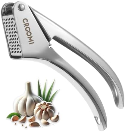 Croomi Garlic Press Stainless Steel - Premium Professional Mincer Tool - Rust Proof & Dishwasher Safe - Garlic Presser & Masher - Ginger Crusher with Soft Ergonomic Handle - Easy to Squeeze & Clean