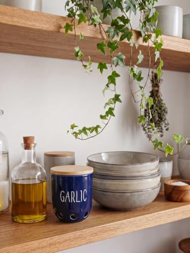 Ceramic Garlic Saver Container with Wood Lid (Navy)
