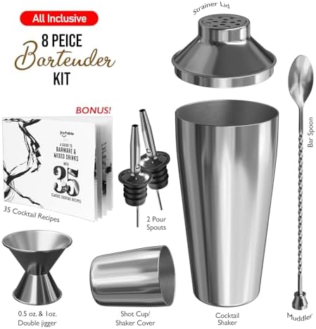 Bar Set Cocktail Shaker Set Bartender Kit, 8 Piece Silver Cocktail Set, Mixology Bartender Kit, Steel Drink Shakers Cocktail Kit, Bar Accessories: 24oz Martini Shaker, Muddler, Cocktail Book and More