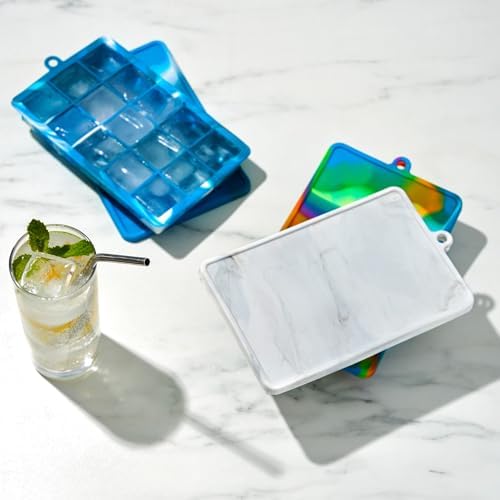 Host Ice Cube Tray with Lid, Makes 15 1.25" Cubes, Durable Silicone Trays, Perfect for Cocktails, Beverages, Mocktails, Iced Coffee, Tea, Infused Water, Kitchen Essentials, Set of 1, Colored Marble