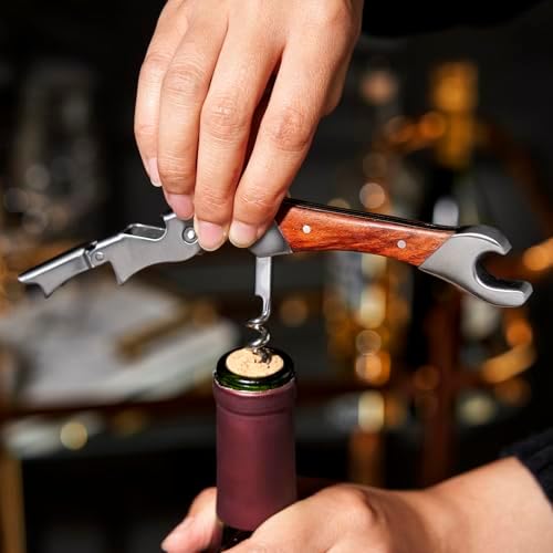 Viski Admiral Double Hinged Corkscrew Wine Opener with 2 Built-in Bottle Openers and Easy Grip Foil Cutter, Stainless Steel with Rosewood Handle, Home Bar, Travel, Gifts for Wine Lovers, Set of 1