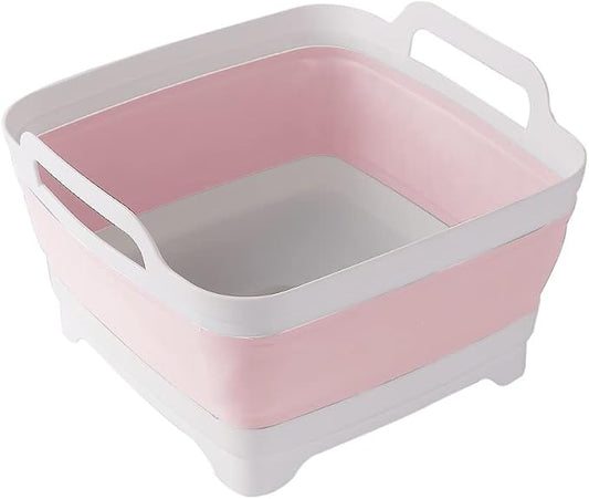 Dish Basin Collapsible with Drain Plug Carry Handles for 9L Large Capacity, Washing Basin, Collapsible Dish Tub for RV Sink, Vegetable, Fruit, Food Sink Strainer Dish Washing Tub - Pink