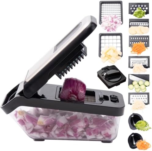 Vegetable Chopper, 10-in-1 Mandoline Slicer and Chopper with 10 Interchangeable Blades & Container, 304 Stainless Steel Press Lid, Onion Chopper, Potato Slicer, Julienne Cutter