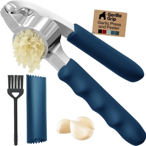GORILLA GRIP Garlic Peeler and Press Set, Heavy Duty Mincer, Blue