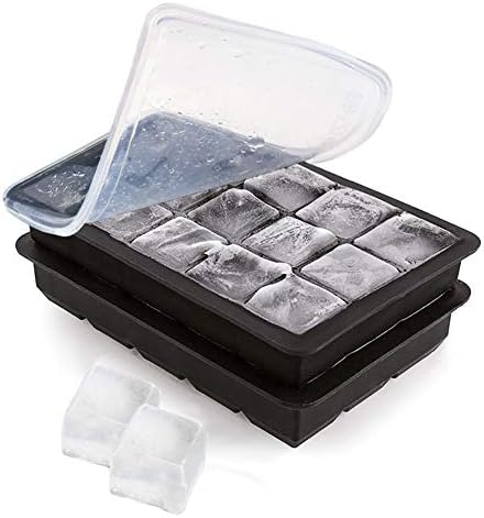 Silicone Ice Cube Trays with No Leaking Lid, Easy-Release and Flexible 15- Cavities Square Ice Cube Mold, Set of 2, No odors and Stackable