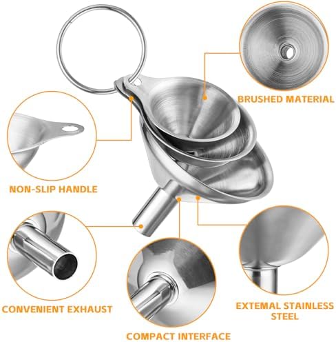 Stainless Steel Funnels 3pc Small Medium Large Metal Funnels Set with 2 Cleaning Brushes for Liquids, Essential Oils, and Spices