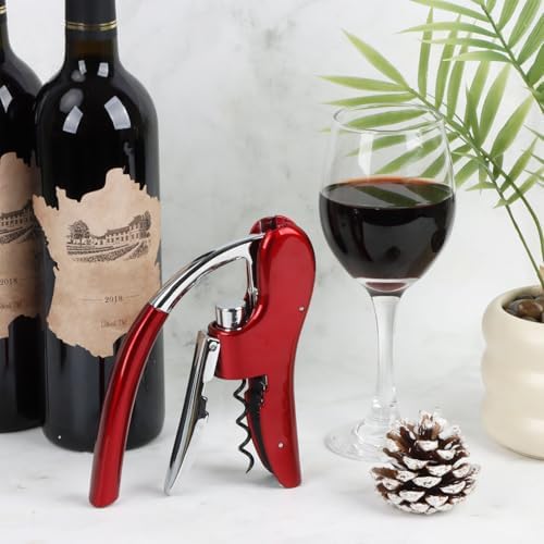 KAYCROWN Stainless Steel Wine Bottle Opener, Compact Vertical Lever Corkscrew with Foil Cutter and Extra Spiral, Manual Handheld Corkscrew with Ergonomic Lever Pump (Red)
