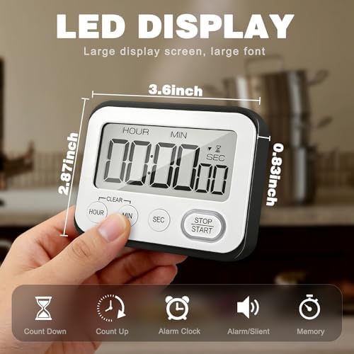 Digital Kitchen Timer Magnetic Loud Alarm, Large LCD Screen Silent/Beeping Multi-Function for Teachers Classroom Kids, Black 2PACK