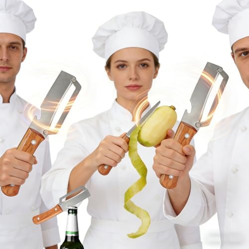 Multi-functional Vegetable Peeler for Kitchen, Premium-Grade Fruit & Vegetable Peeler, Wooden Handle Design with Bottle Opener, Ergonomic Handle, Suitable for Fruits, Sugar Cane, Pumpkin (3Pcs)