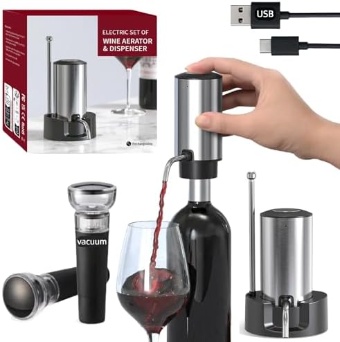 Rechargeable Electric Wine Aerator and Dispenser Set, Electric Wine Decanter with 2 Vacuum Wine Stoppers, Charging Base, Stainless Steel, Wine Pourer