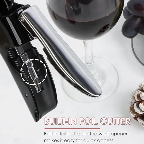 KAYCROWN Stainless Steel Wine Bottle Opener, Compact Vertical Lever Corkscrew with Foil Cutter and Extra Spiral, Manual Handheld Corkscrew with Ergonomic Lever Pump (Black)