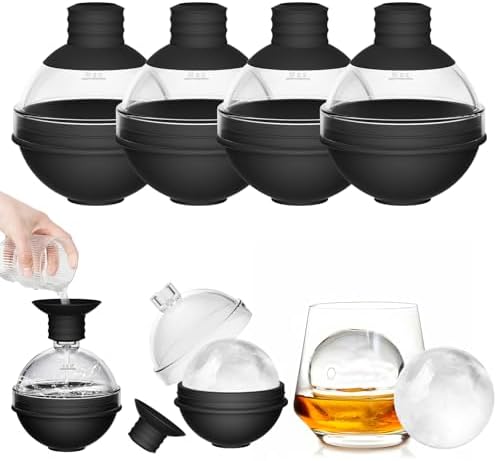 Large Ice Ball Molds for Whiskey & Cocktails with Funnel Lid - Big Sphere Ice Cube Trays for Drinks, Bourbon, and Wine, Silicone Round Ice Maker for Freezer (Set of 4) - Reusable Easy-Release Ice Tray
