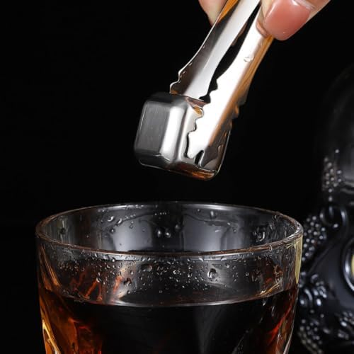 6pcs Whiskey Stones with Ice Tong Stainless Steel Ice Cubes Reusable Dice Shaped Whiskey Rocks Beverage Chilling Stones for Bourbon Drinking Assorted Color