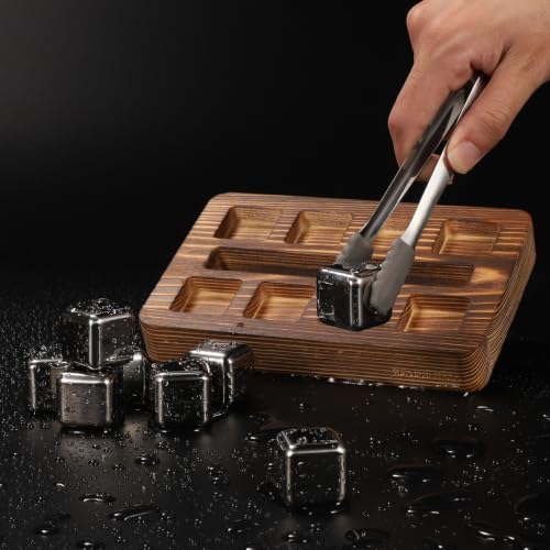 SAMEBUTECO Whiskey Stones with Holder Set,8-Piece Stainless Steel Reusabl Rocks 1 Tray & 1Tongs – Non-Diluting Chiller for Scotch & Bourbon,Gift for Whiskey Lover