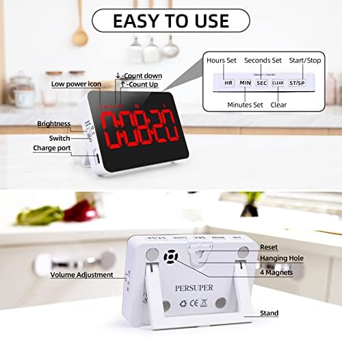 PERSUPER Digital Timer Kitchen Timer Count Down Up Rechargeable Kitchen Gadgets Vibration Mode Adjustable Volume and Brightness LED Display Time Management for Cook, Desk, Kids Adults Study Teaching