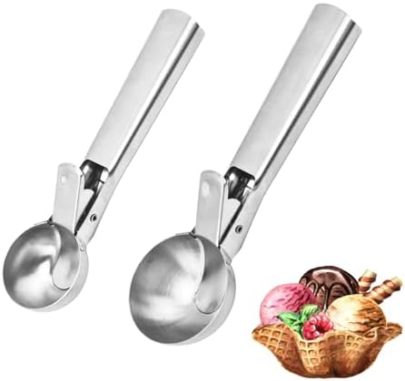 2 Pcs Ice Cream Scoop,Portable Stainless Steel Ice Cream Scoop, Icecream Scooper Spoon with Trigger Release for DIY Ice Cream,Fruit Scoop (Sliver, Medium & Large)