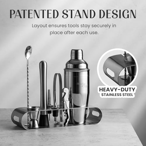 Mixology & Craft Cocktail Shaker Set: Complete Bartender Kit with Metal Stand and Bar Cart Accessories | Includes Exclusive Recipe Cards | Built to Last | Leak-Proof Design