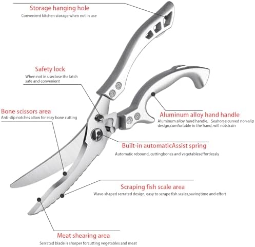 Heavy Duty Stainless Steel Kitchen Shears – Poultry Scissors; suitable for bone, meat, chicken, fish, turkey, and vegetables; spring-loaded, multi-functional, ultra-sharp, and practical