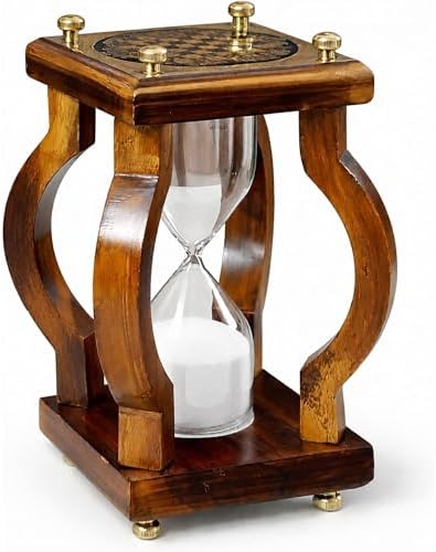 Wooden Hourglass Sand Timer, White Sand, Brass Accents