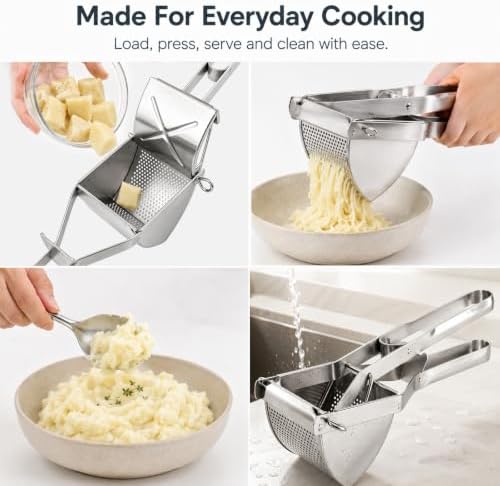 Potato Ricer, Stainless Steel Potato Masher, Heavy Duty Food Masher, Potatos Ricer Kitchen Tool for Mashed Potatos Avocado Pumpkin Baby Food Puree, Large Capacity, Dishwasher Safe