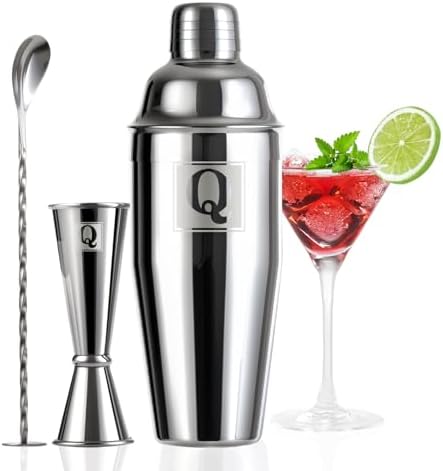 24oz Cocktail Shaker Set with 1 oz 2oz Jigger - Monogramm Initials Martini Shaker Set - 304 Stainless Steel Bar Shaker for Margarita,Mojito-Personalized Gift for Friend,Husband-Q