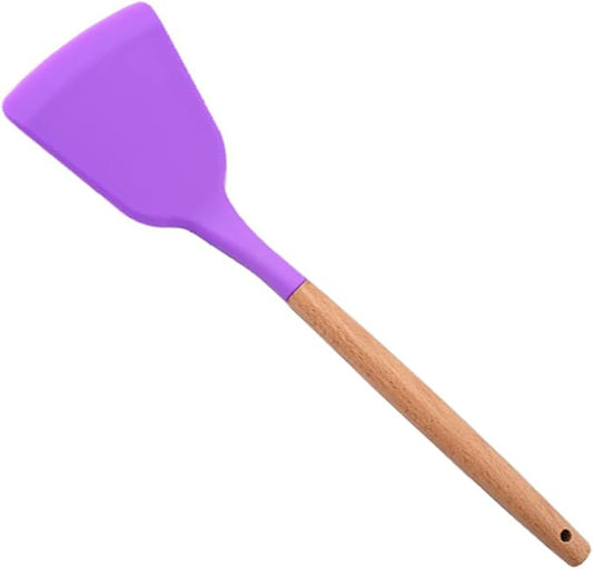 1pc Purple Silicone Solid Turner,Wooden Handle Non-Stick Kitchen Spatulas, Ideal Cookware for Fring Fish, Eggs, Meat, French Fries