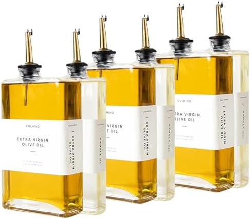 Premium Glass Olive Oil Dispenser Bottle 350ml | Cooking Oil and Vinegar Dispenser | Oil Dispenser for Kitchen with Gold Pourers, Funnel, Brush & 36 Labels (6 Pack)